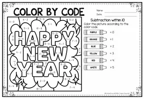 Vorschau - Arbeitsblätter - Color by Code number - Subtraction within 10 (New Year's) - Seite 1