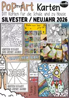 Vorschau - Mal- und Bastelvorlagen - Pop-Art DIY Karten - Neujahr / Silvester 2026 ( + Eng) - Deckblatt