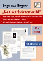 Vorschau - Arbeitsblätter - Sage: "Das Weitwiesenweibl" mit Infos Sage+Augaben+LÖSUNGEN (Sage aus Bayern) Klasse 5 - Deckblatt