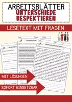 Vorschau - Arbeitsblätter - Unterschiede respektieren Lesetext mit Richtig Falsch Multiple Choice Aufgaben und Offenen Fragen - Deckblatt