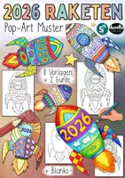 Vorschau - Mal- und Bastelvorlagen - 2026 Neujahr / Pop-Art Raketen Ausmalbilder - Deckblatt