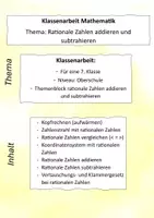 Vorschau - Klassenarbeiten - Mathearbeit Jahrgang 7: Rationale Zahlen addieren und subtrahieren - Deckblatt