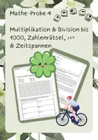 Vorschau - Arbeitsblätter - Mathe-Probe 3/4 - Multiplikation & Division bis 1000, Zeitspannen (Sachaufgabe), Größer/kleiner/gleich, Zahlenrätsel - Deckblatt