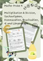 Vorschau - Arbeitsblätter - Mathe-Probe Kl. 4 - Multiplikation & Division, Sachaufgaben, Längenmaße, €, Kommazahlen, Bruchzahlen - Deckblatt