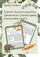 Vorschau - Arbeitsblätter - Mathe-Probe Kl. 4 - Gewichte, Division, Kommazahlen, €, Sachaufgaben - Deckblatt
