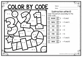 Voorbeeld - Color by code - Subtraction within 10 (New Year's) | Wiskunde Nieuwjaar Engels - Pagina 3