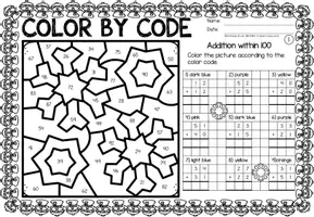 Aperçu - Feuilles d'exercices - Color by code - Addition to 100 (Winter) Hiver Additions Mathématiques Anglais - Page 1