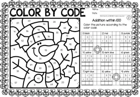 Aperçu - Feuilles d'exercices - Color by code - Addition to 100 (Winter) Hiver Additions Mathématiques Anglais - Page 3