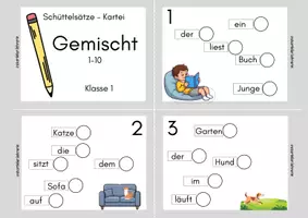Vorschau - Aufgabenkarten - Schüttelsätze- Karteikarten Klasse 1. Mit Lösungen. - Seite 1