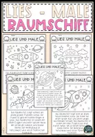 Vorschau - Mal- und Bastelvorlagen - Lesemalblatt Raumschiff, Rakete, Astronauten Lesen und Malen Materialpaket - Seite 1