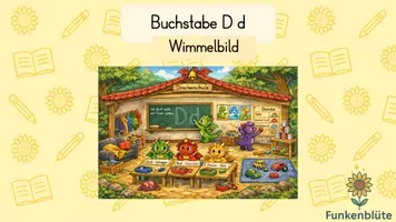 Vorschau - Poster - Buchstabeneinführung D - Wimmelbild "Die Drachenschule" - Deckblatt