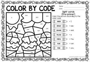 Vorschau - Arbeitsblätter - Color by code - Sight words Pre-Primer (Summer) - Seite 1