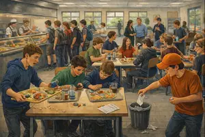 Vorschau - Stundenentwürfe - Wimmelbild-Diktat (Nachschrift): In der Mensa - Rechtschreibung - Haupt- und Nebensätze - Konjuktionen - das oder dass - Seite 1