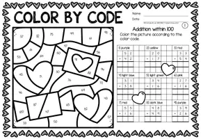 Aperçu - Feuilles d'exercices - Color by code - Addition within 100 (Valentine's Day) | Saint Valentin Additions Mathématiques Anglais - Page 1