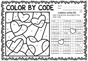 Aperçu - Feuilles d'exercices - Color by code - Addition within 100 (Valentine's Day) | Saint Valentin Additions Mathématiques Anglais - Page 3