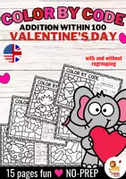 Aperçu - Feuilles d'exercices - Color by code - Addition within 100 (Valentine's Day) | Saint Valentin Additions Mathématiques Anglais - Page de couverture