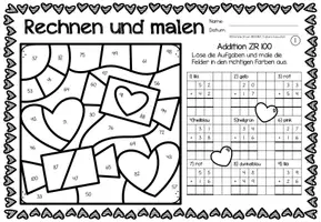 Aperçu - Feuilles d'exercices - Rechen-Mal-Blätter - Addition bis 100 (Valentinstag) Saint Valentin Additions Mathématiques Allemand - Page 2