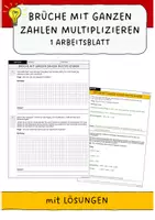 Vorschau - Arbeitsblätter - Brüche mit ganzen Zahlen multiplizieren - Textaufgaben mit Lösungen - Deckblatt