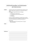 Vorschau - Arbeitsblätter - Arbeitsauftrag zur Arbeitsweise des Elektromotors - Deckblatt