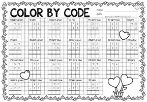Vorschau - Stationenlernen - Color by code - Subtraction within 100 (Valentine's Day) - Seite 2