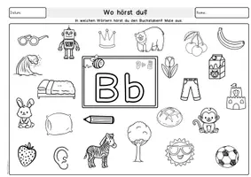 Vorschau - Arbeitsblätter - Hörübung: Buchstaben und Laute, wo hörst du den Buchstaben? Deutsch Vorschule, Klasse 1, DaZ, Wimmelbilder zur Buchstabeneinführung - Seite 3