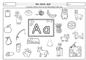 Vorschau - Arbeitsblätter - Hörübung: Buchstaben und Laute, wo hörst du den Buchstaben? Deutsch Vorschule, Klasse 1, DaZ, Wimmelbilder zur Buchstabeneinführung - Seite 1