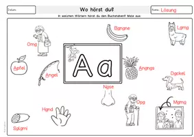 Vorschau - Arbeitsblätter - Hörübung: Buchstaben und Laute, wo hörst du den Buchstaben? Deutsch Vorschule, Klasse 1, DaZ, Wimmelbilder zur Buchstabeneinführung - Seite 2