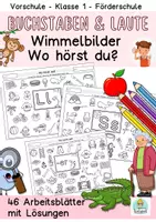 Vorschau - Arbeitsblätter - Hörübung: Buchstaben und Laute, wo hörst du den Buchstaben? Deutsch Vorschule, Klasse 1, DaZ, Wimmelbilder zur Buchstabeneinführung - Deckblatt