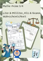 Vorschau - Arbeitsblätter - Matheprobe über Größen (Liter, ml & Kilo, g) und Wahrscheinlichkeit ( Kl. 3/4) - Deckblatt