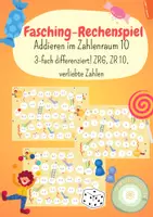 Vorschau - Spiele - Rechenspiel ZR 10 Addition Fasching / Fasnacht / Karneval 3-fach differenziert ZR 6, ZR 10, verliebte Zahlen - Deckblatt