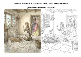Vorschau - Mal- und Bastelvorlagen - Märchen zum Lesen & Ausmalen – Aschenputtel (klassische Grimm‑Version + Fragen + Präsentation ) - Seite 1
