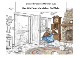 Vorschau - Mal- und Bastelvorlagen - Märchen zum Lesen und Ausmalen - Der Wolf und die sieben Geißlein (+ Fragen + Präsentation) - Seite 1