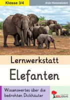 Vorschau - Unterrichtsreihen - Lernwerkstatt Elefanten | Biologie Sachunterricht Grundschule Klasse 3–4 | Körperbau, Lebensraum, Mammuts, Artenschutz, Memory, Wissenstest, Stationenlernen, Freiarbeit, Lösungen - Deckblatt