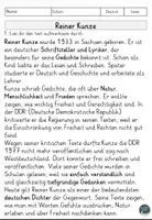 Vorschau - Arbeitsblätter - Reiner Kunze Lesen und Verstehen Arbeitsblätter mit Lesetext, Fragen - Seite 1