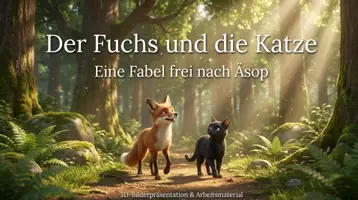 Vorschau - Unterrichtsreihen - Der Fuchs und die Katze - Fabel | 3D-Bilderpräsentation, Lesetext, Leseverständnis und Sozialkompetenz (mit Lösungen) - Seite 1