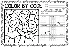 Aperçu - Feuilles d'exercices - Color by code - Subtraction within 100 (Valentine's Day) | Saint Valentin Soustraction Mathématiques Anglais - Page 1