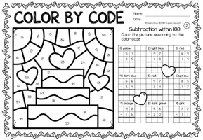 Aperçu - Feuilles d'exercices - Color by code - Subtraction within 100 (Valentine's Day) | Saint Valentin Soustraction Mathématiques Anglais - Page 3