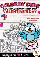 Aperçu - Feuilles d'exercices - Color by code - Subtraction within 100 (Valentine's Day) | Saint Valentin Soustraction Mathématiques Anglais - Page de couverture