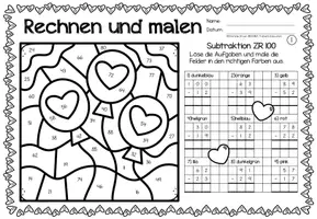 Aperçu - Feuilles d'exercices - Rechen-Mal-Blätter - Subtraktion bis 100 (Valentinstag) Saint Valentin Soustraction Mathématiques Allemand - Page 2