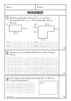 Vorschau - Test - Mathearbeit: Flächen, Umfang, halbschriftliche Division, Wahrscheinlichkeit - Seite 1