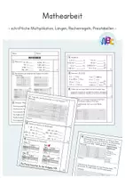 Vorschau - Test - Mathearbeit : Längen, Preistabellen, Rechenregeln, schriftliche Multiplikation - Deckblatt