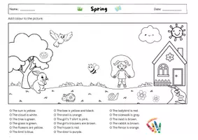 Vorschau - Arbeitsblätter - Leseverständnis Ausmalbild - FRÜHLING / SPRING (2 Varainten: Deutsch & Englisch - ideal für DaZ, Englisch, Vertretungsstunde) - Seite 1
