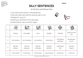Vista previa - Hojas de trabajo - Brown Owl at the Zoo - Silly Sentences Dice Game - página 1