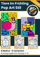 Vorschau - Mal- und Bastelvorlagen - Pop Art Kunstprojekt Frühling – Tiere im Frühling Ausmalbilder (8 Motive) - Deckblatt