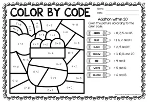 Vista previa - Hojas de trabajo - Color by code - Addition within 20 (St. Patrick's Day) | San Patricio Sumas y restas Matemáticas Inglés - página 1