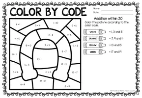 Vista previa - Hojas de trabajo - Color by code - Addition within 20 (St. Patrick's Day) | San Patricio Sumas y restas Matemáticas Inglés - página 2