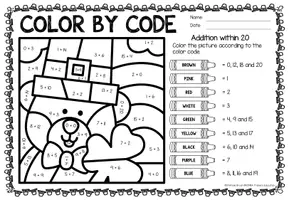 Vista previa - Hojas de trabajo - Color by code - Addition within 20 (St. Patrick's Day) | San Patricio Sumas y restas Matemáticas Inglés - página 3