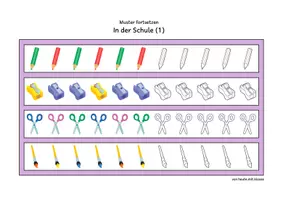 Vorschau - Arbeitsblätter - Muster fortsetzen & Reihenbildung: In der Schule (Vorschule & Anfangsunterricht) - Seite 1