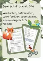 Vorschau - Arbeitsblätter - Deutsch-Probe über "Wortarten, Satzzeichen, Wortfamilien, Wortstamm, zusammengesetzte Nomen" (Kl. 3/4) - Deckblatt