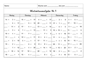 Vorschau - Arbeitsblätter - Wochenhausaufgabe Mathematik, 1.Klasse, im ZR20 mit Zehnerüberschreitung - Seite 2